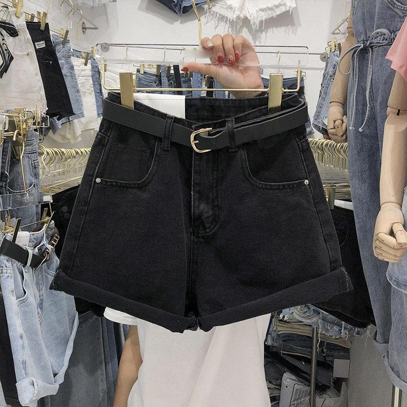 

Классические и минималистичные модные универсальные женские летние тонкие свободные широкие брюки с высокой талией, подвернутые края, джинсовые шорты A Word, индивидуальность M чёрный