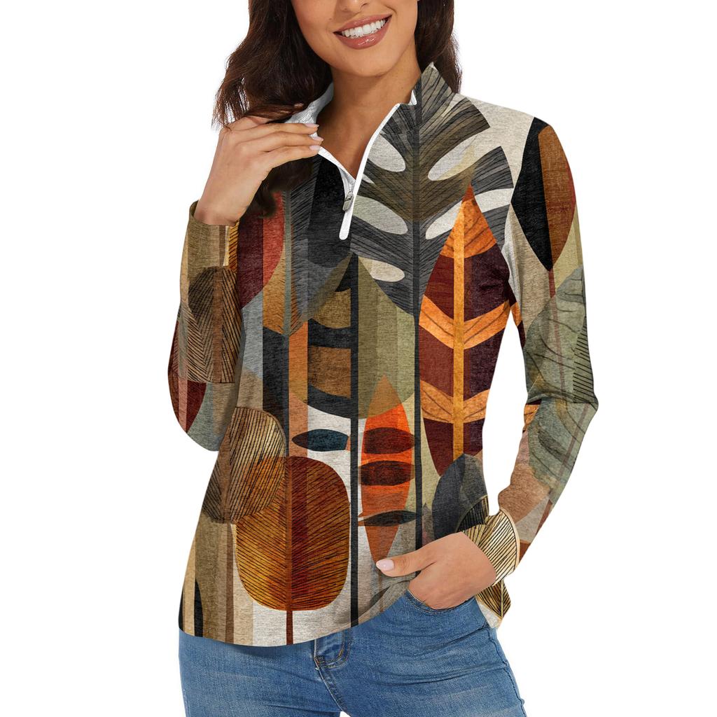 Women's Casual Fashion Retro Floral Print Long Sleeve Zipper Neck Top T-shirt