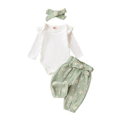 Baby Girls 3PCS Pants Sets White Long Sleeve Ruffle Romper Daisy Print Belted Pants Headband Sets