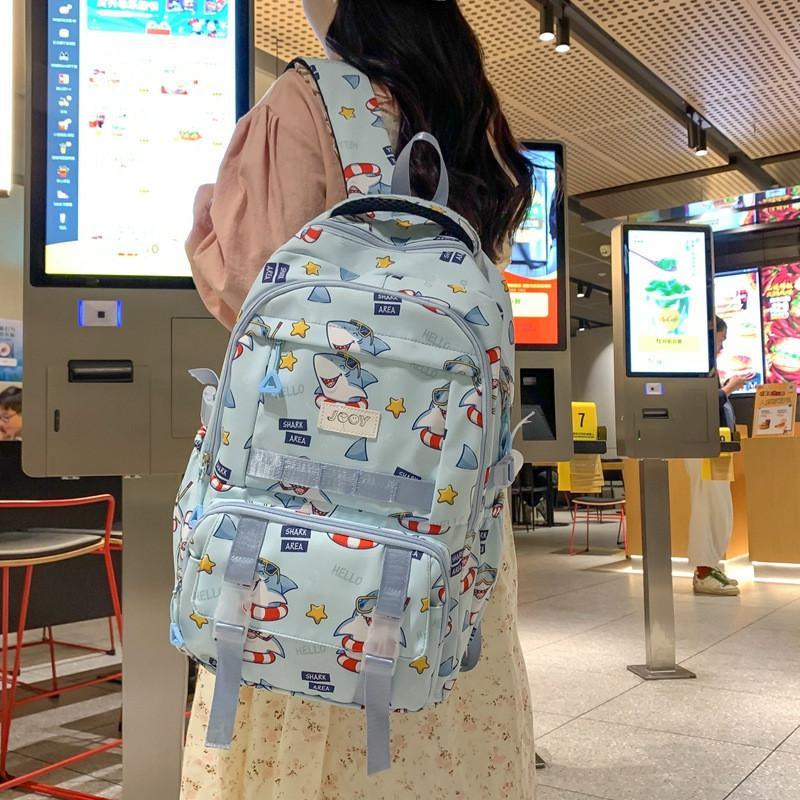 Cute Cartoon Shark Swimming Circle Star Pattern Student Backpack For School Use