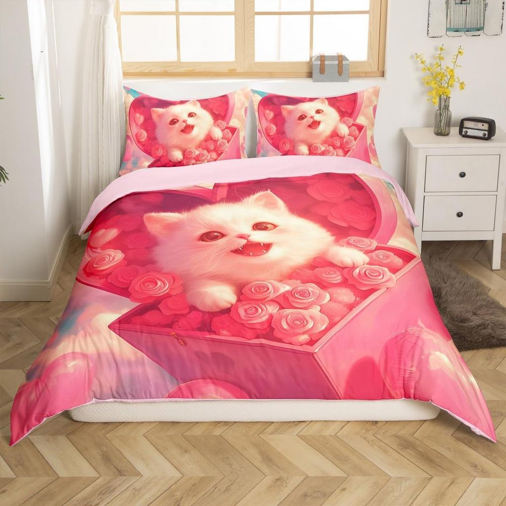 Cartoon Penguin Bedding Set Romantic Balloon Valentine's Day Comforter Cover Groovy Roses Flower Duvet Cover for Couple Lovers