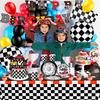 Rennauto-Geburtstagsdekorationen, Rennauto-Geburtstagsparty-Dekorationen, Partygeschirr-Set, Geburtstagsteller, Servietten, Luftballons, hängende Wirbel usw.