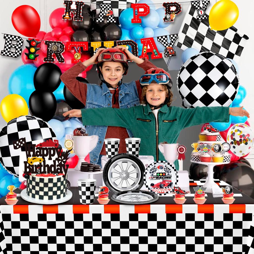 Rennauto-Geburtstagsdekorationen, Rennauto-Geburtstagsparty-Dekorationen, Partygeschirr-Set, Geburtstagsteller, Servietten, Luftballons, hängende Wirbel usw.