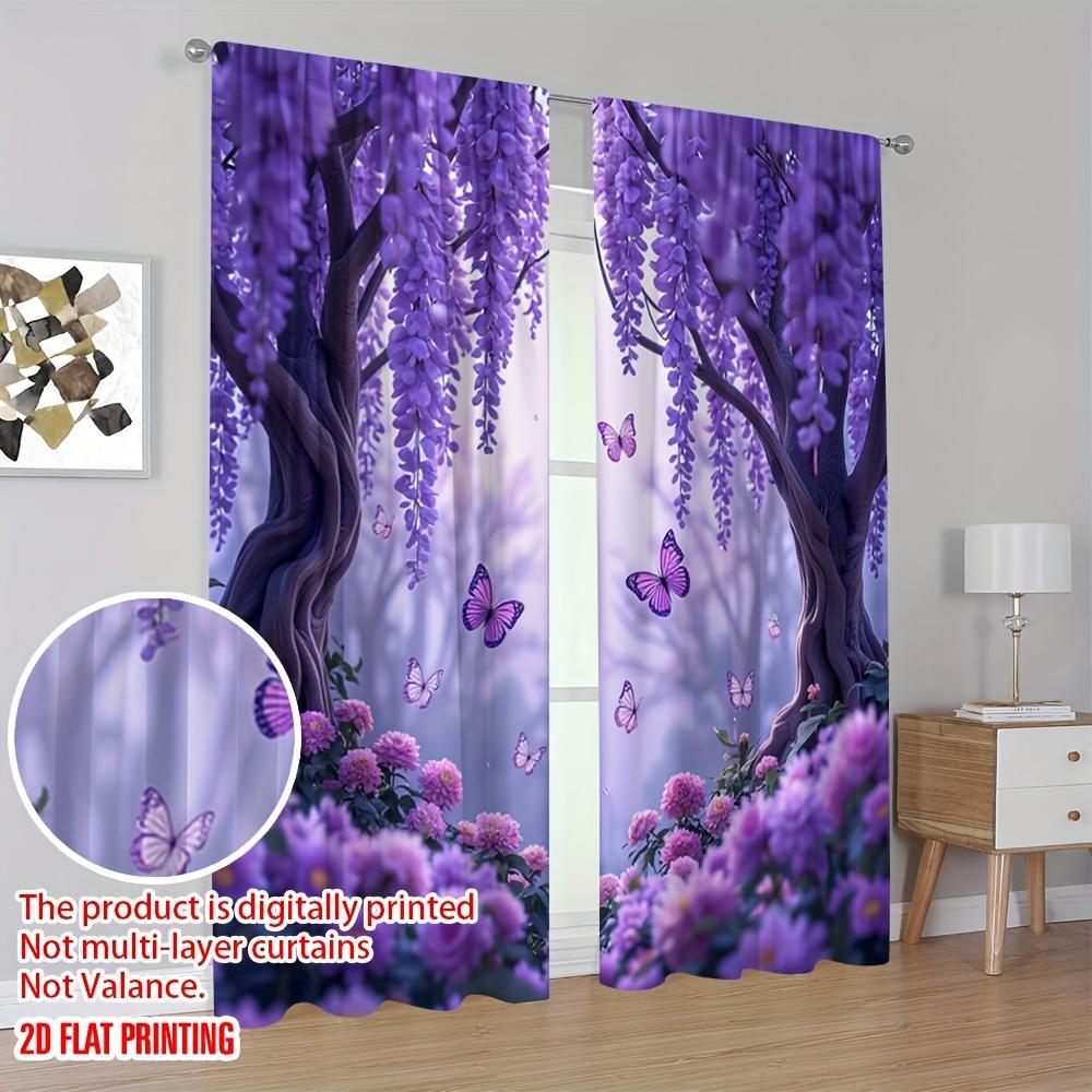 2 st Lila Wisteria & Fjäril Genomskinliga Gardiner – Elegant 2D Blomtryck för Vardagsrum Sovrum Kontor