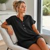 Soft Blended Fabric Dress Summer Short Sleeve for Women, Casual Button Up V Holiday Neck A-line Dress, Flowy Beach Vacation Sundress with Pockets