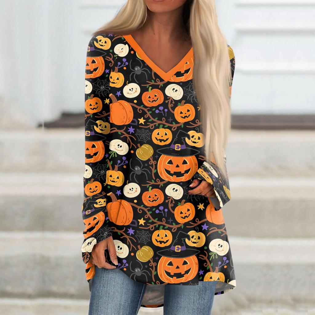 Women's Casual Long Sleeve V-Neck Halloween Print T-Shirt Mid-Length Top