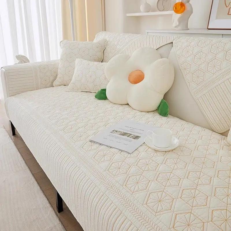 Cotton Fabric Floral Embroidery Sofa Towel Anti Slip Fabric Thickened Fabric Cushion Multi Purpose Sofa Cover Backrest Mat