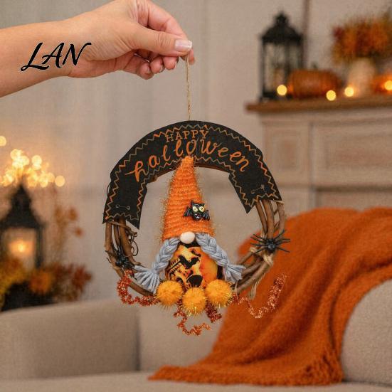 Holiday Hanging Ornament Halloween Gnome Rattern Wreath, Handmade Decoration with Spider And Tinsel Accents, Front Porch Decor Wreath for Door