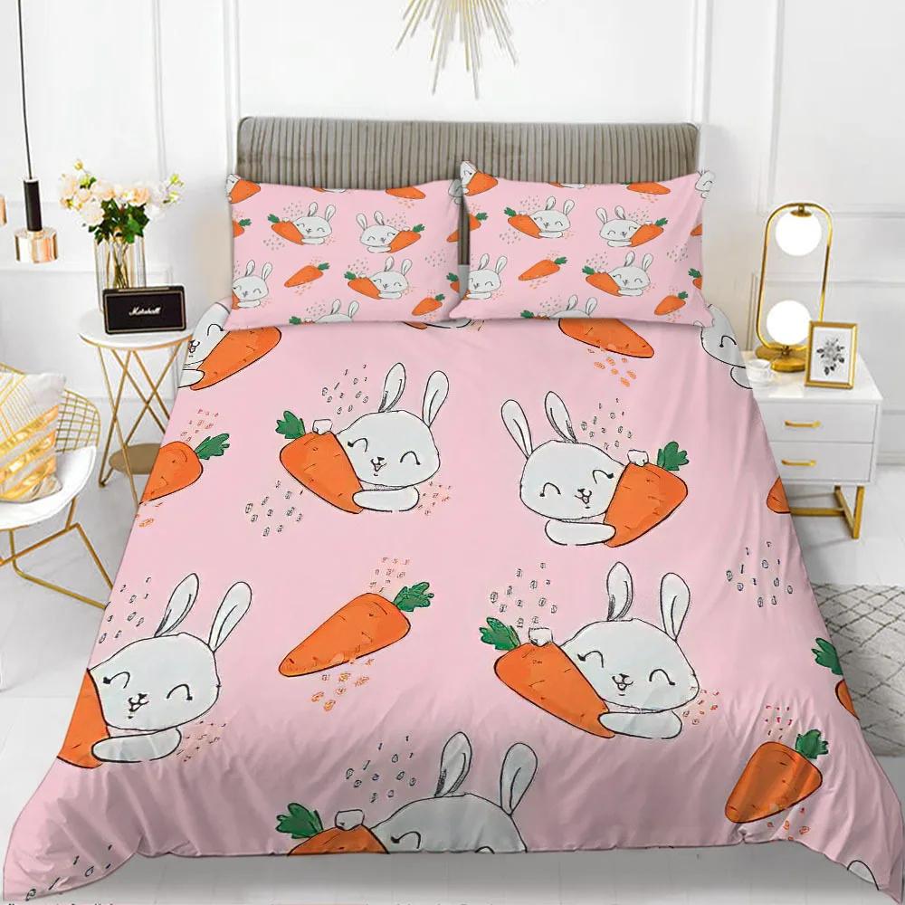 Rabbit Duvet Cover Set Cartoon Animals Theme 3D Print Kawaii Cute Pink King Queen Size For Boy Girls Women Polyester Bedding Set