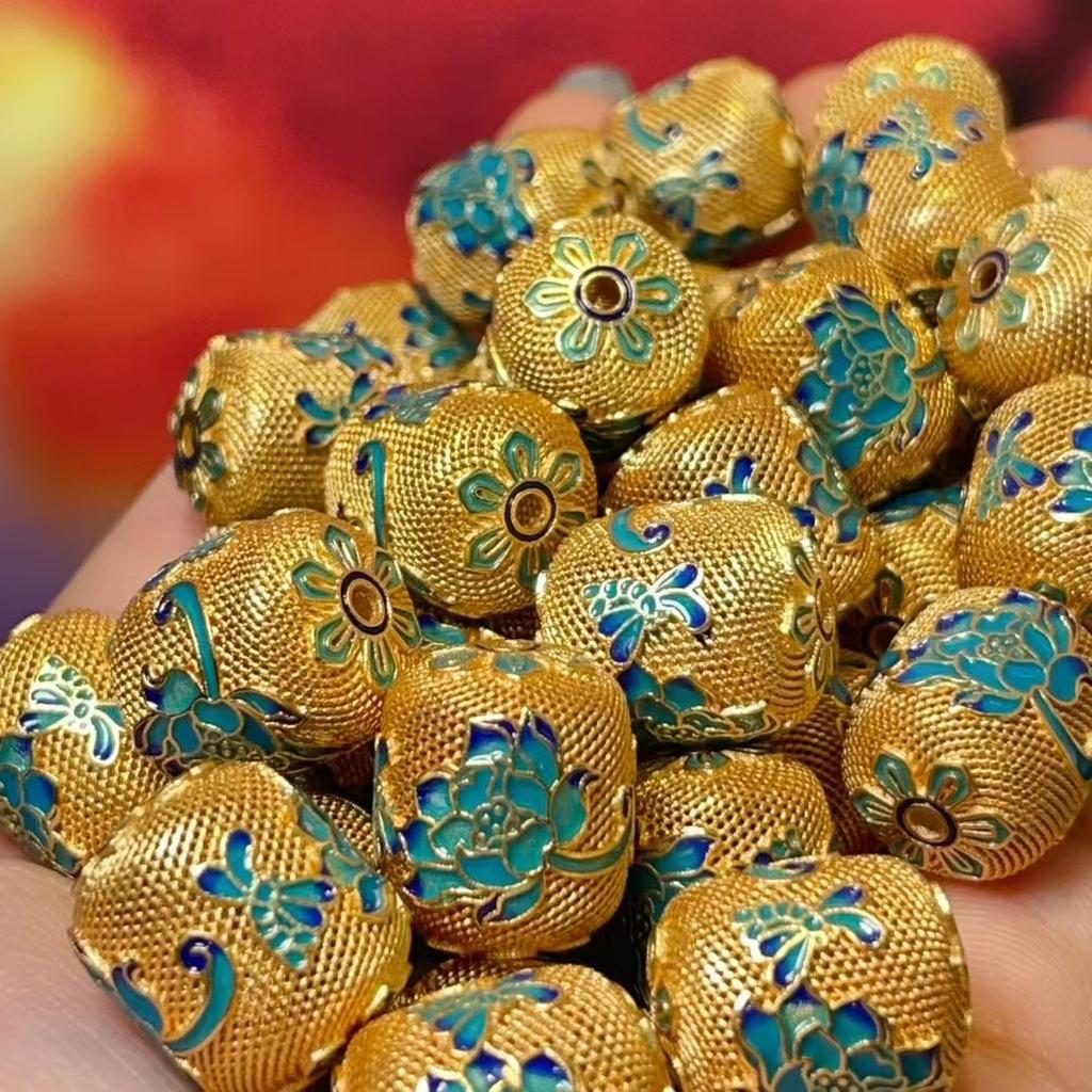 5Pcs, Vintage Cloisonné Lotus Pattern Barrel Beads, Golden/Silvery Plated DIY Jewelry Spacer Findings for Bracelet & Necklace Making 15×13mm