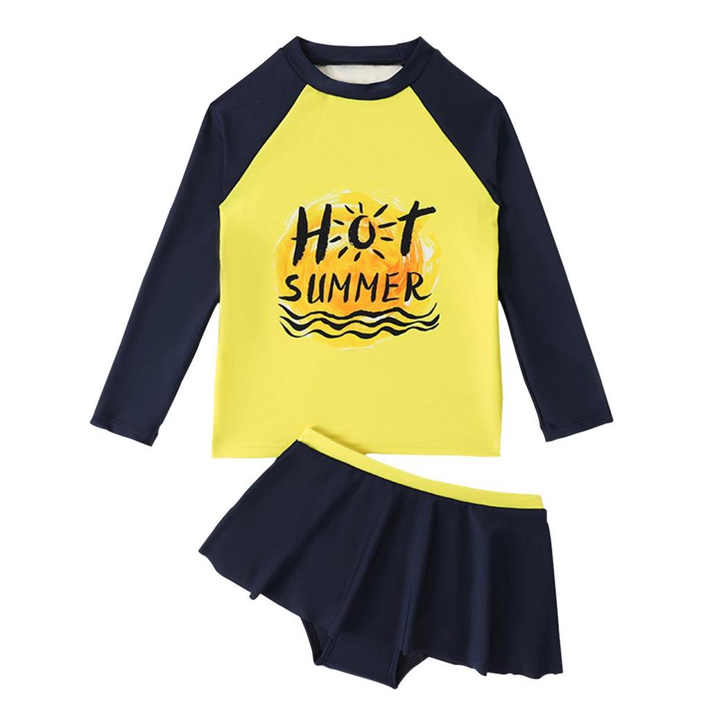 Girls' Long-Sleeved Split Swimsuit with Letter Print & Short Skirt - 2025 Collection