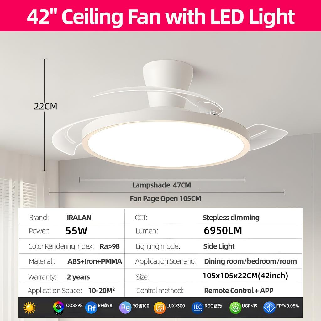New Ceiling Fan Light 42 inch Infinitely Adjustable Lighting Remote Control Retractable Fan Blades For Living room Foyer Bedroom