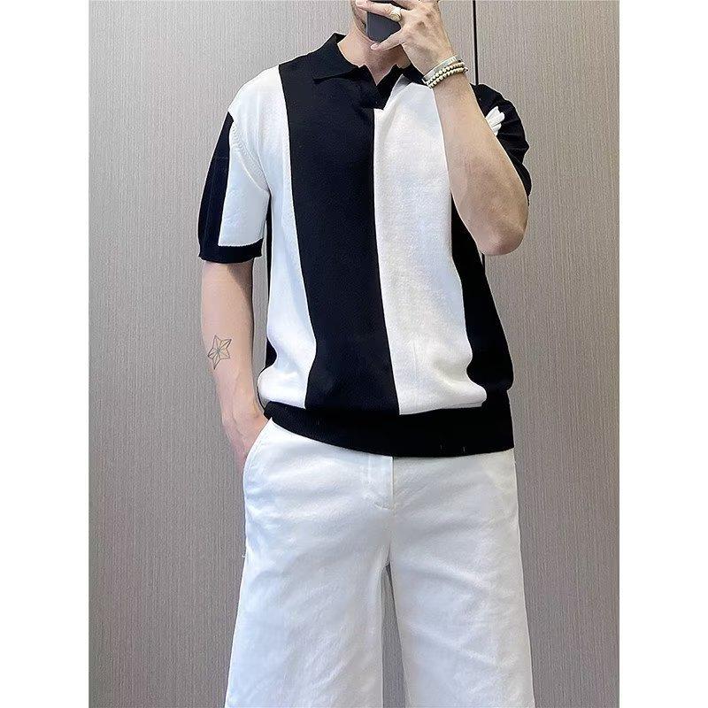 Ice Silk Short Sleeve T-Shirt for Men Korean Style Trendy New Summer Color-Block Personality Tee Slim Fit Knitted Round Neck Short T-Shirt for Men