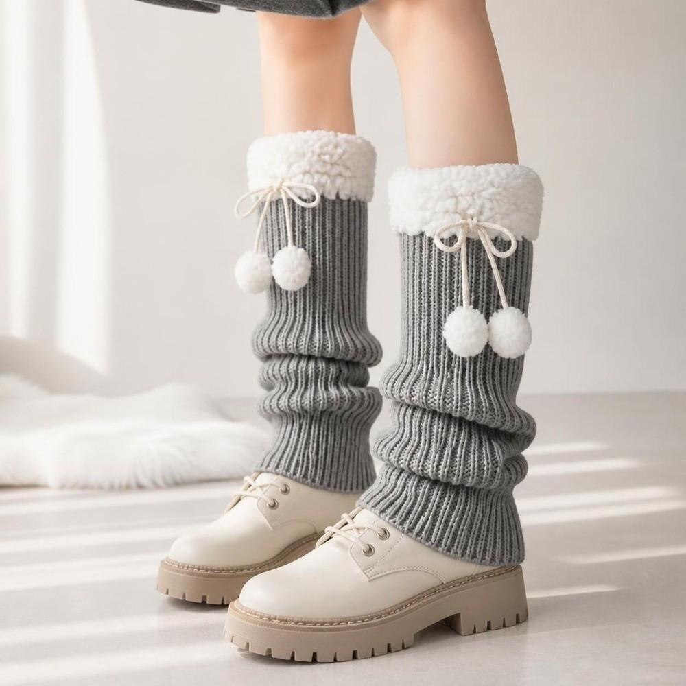 1pair Solid Color Knitted Leg Warmers Warm Winter Foot Cover Cute Mid-Calf Length Socks Girl