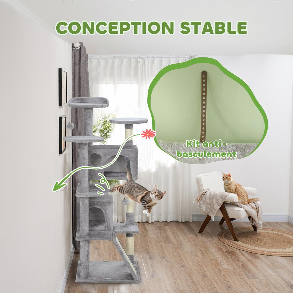 138cm Cat Tree, Multi-Level Cat Tower with Scratching Posts and Pad, Bed, Condos, Platforms, Toy Balls, Light Grey