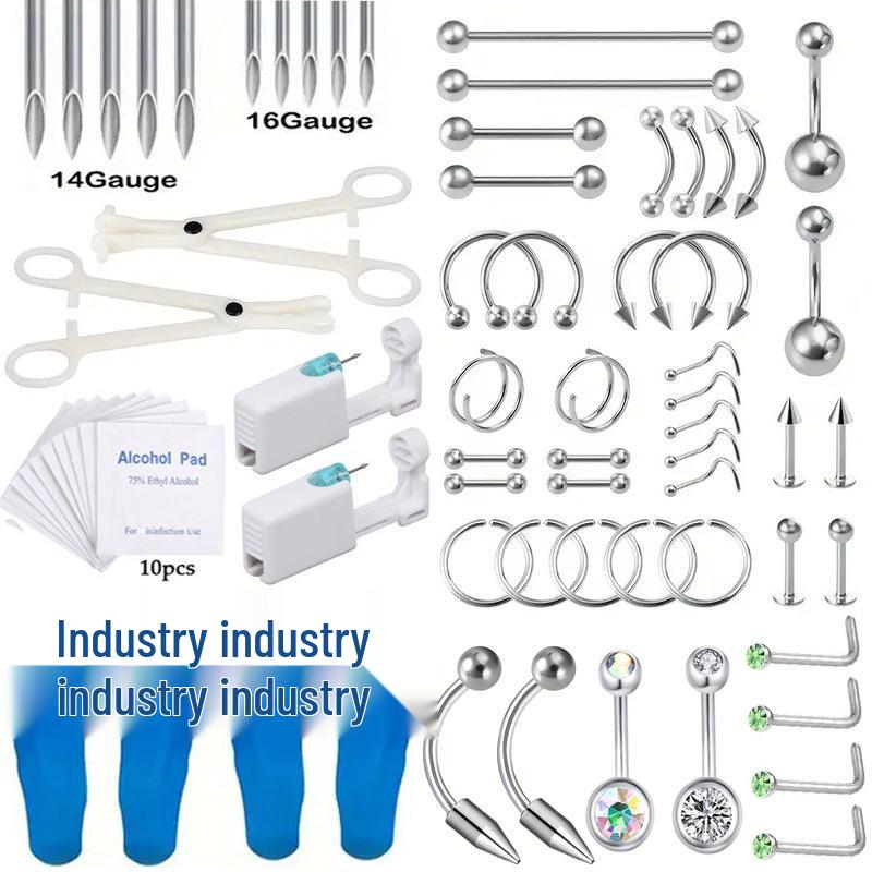 European & American Titanium Steel Piercing Tool Set: Lip Stud, Horseshoe Nose Ring & Stud
