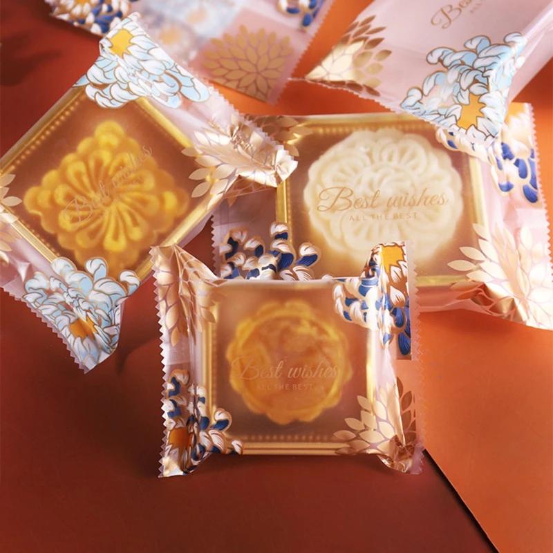 100Pcs Frosted Chrysanthemum Pattern Moon Cake Bags Plastic Cookie Candy Bag Mid-Autumn Festival Mooncake Packaging Bag New