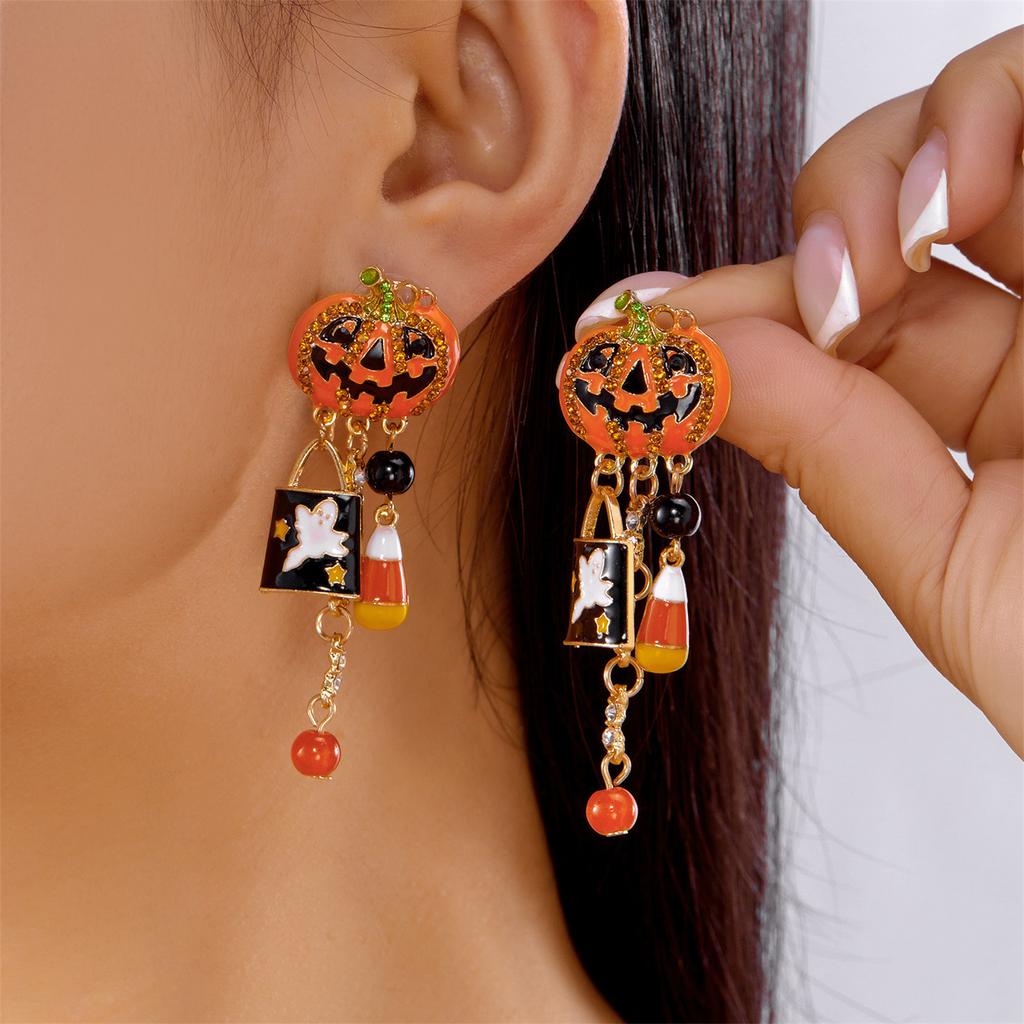 Halloween Pumpkin Earrings for Women Long Tassels Smiling Face Pumpkin Inlaid rhinestones Drop Earrings Halloween Jewelry