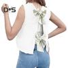 Women Knitted Vest Round Neck Sleeveless Crop Tank Bow Tie Decor Hollow Back Solid Color Short Sweater Vest
