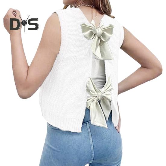 Women Knitted Vest Round Neck Sleeveless Crop Tank Bow Tie Decor Hollow Back Solid Color Short Sweater Vest