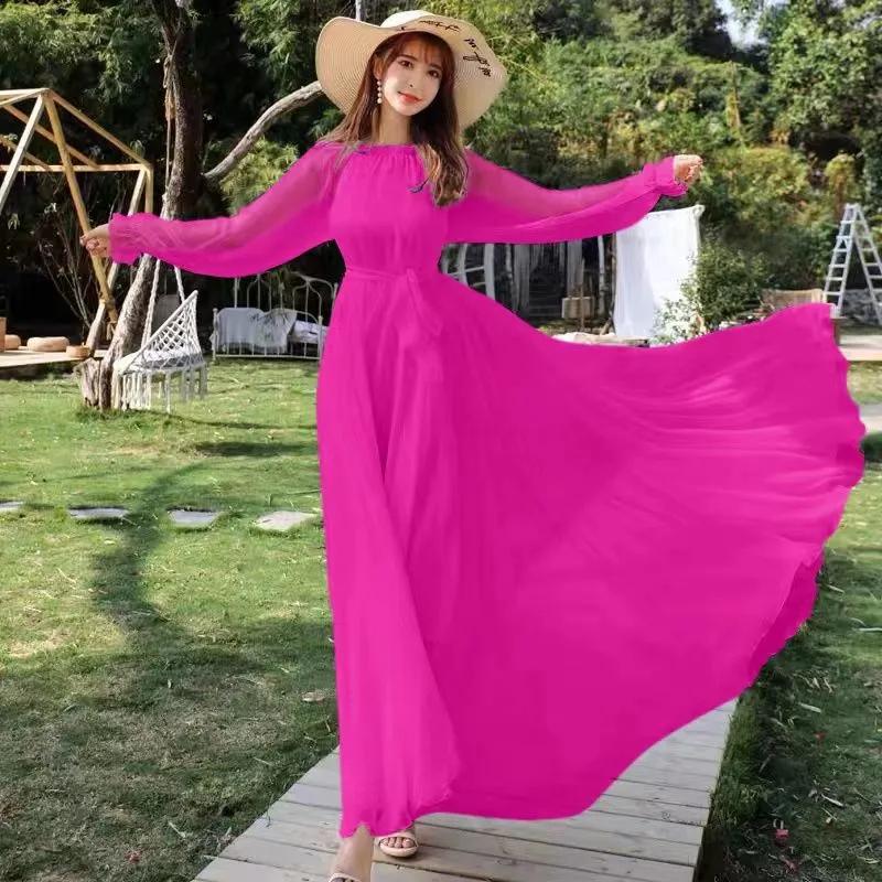Abito da Spiaggia in Chiffon Super Lungo da Donna Primavera Estate Elegante Manica Lunga Ampio Allacciato Slim Vestiti