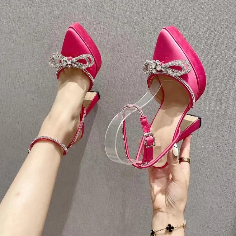Fashion Brand Love Rhinestone/Flower Strap Sandals Model Show Bow Tie High Heels Thick Heel Waterproof Platform Size 35-43 Women's Shoes