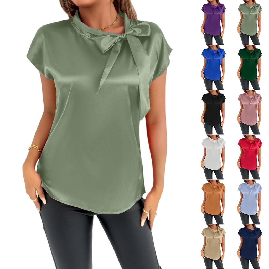 Women's Summer Fashion Simulation Silk T-Shirt Solid Color Satin Sleeveless Top