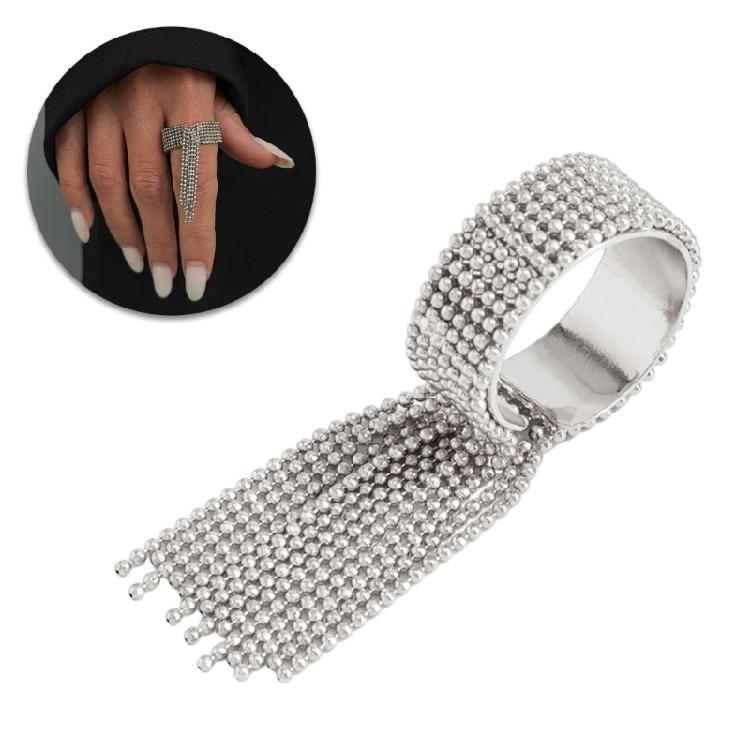 Party Outfit Ring with Flowing Drop Detail, Bead Chain Statement Design and Open Metal Tone Fit for Streetwear
