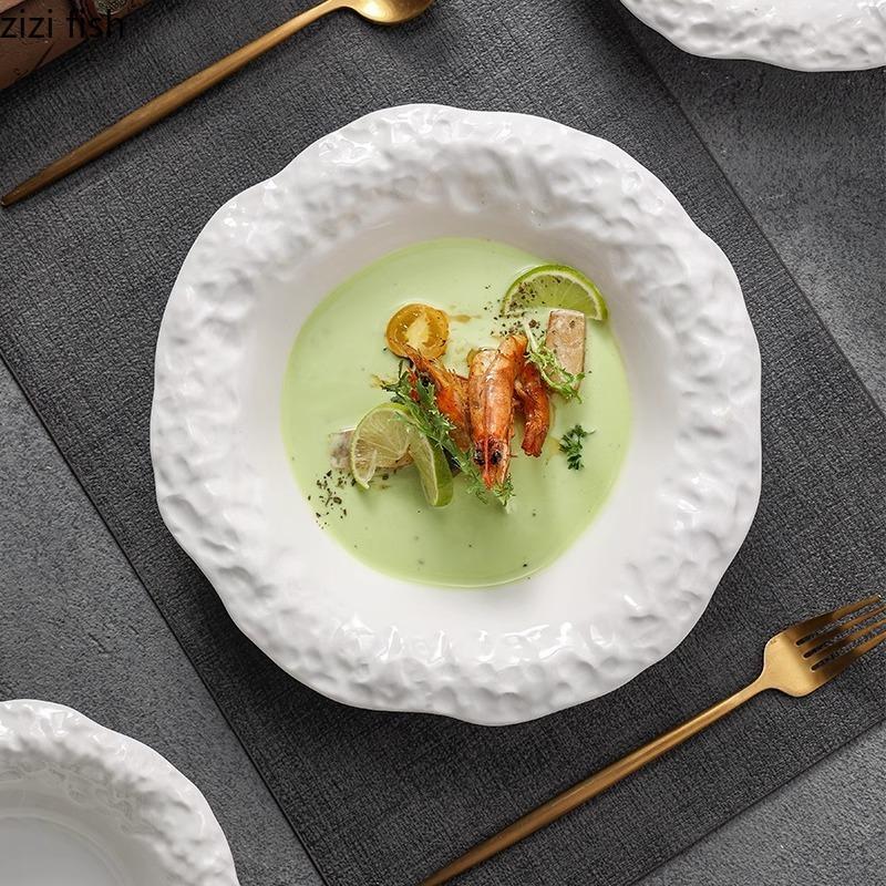 Creative Stone Pattern Edge Ceramic Plate Pure White Salad Plate Dessert Plate Thick Soup Plates Deep Plates Hotel Tableware