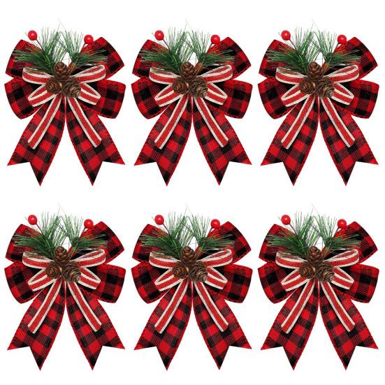 Christmas Burlap Plaid Bow with Pine Cones Pine Needles Large Buffalo Plaid Bow Xmas Wreath Checkered Bow for Holiday Crafts Home Party Tree Decor