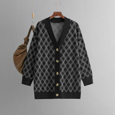 Autumn and Winter New V-neck Cardigan Sweater Cross-border Women's Casual Loose Diamond Checkered Knitted Shirt Jacket