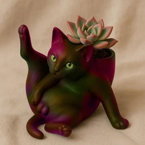 Flower Pot Grooming Cat Shape Planter Pot Stress-Relief Mood Booster Indoor Plant Pot Office Desk Decoration