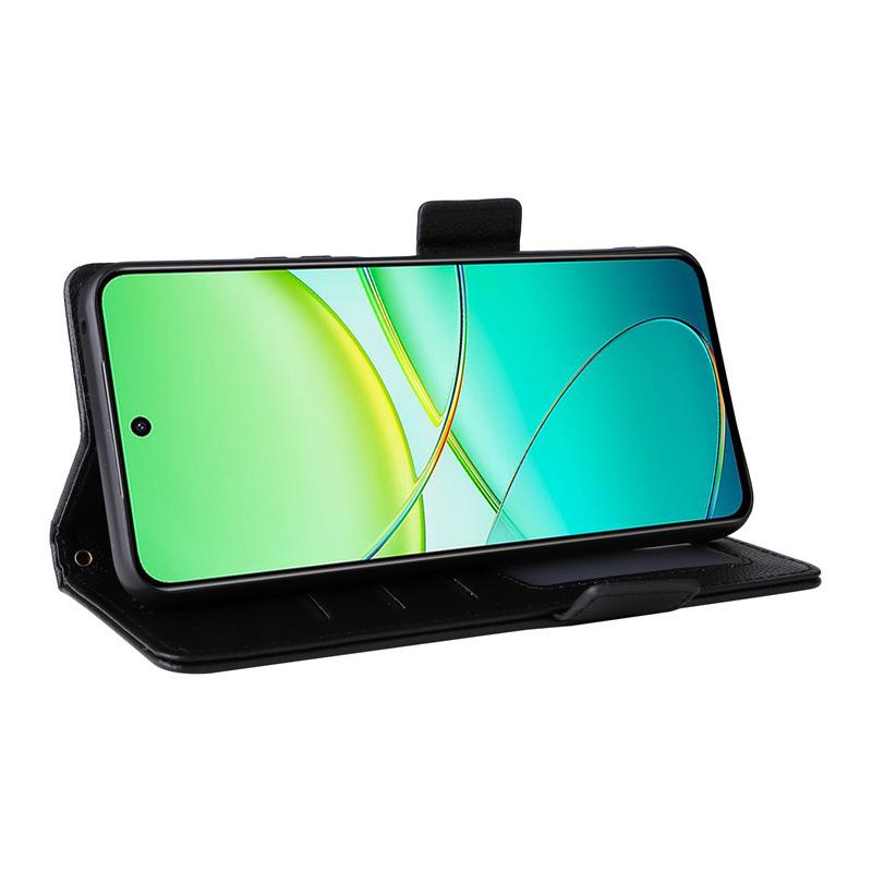 Compatible Leather Flip Case with Card Slot & Lanyard for VIVO Y38/Y58/Y200i 5G; Lychee Grain Design.