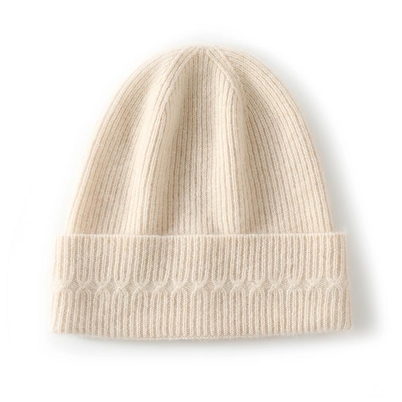Women's Cashmere Solid Color Knitted Hat - Winter Warm Dome with Ear Protection.