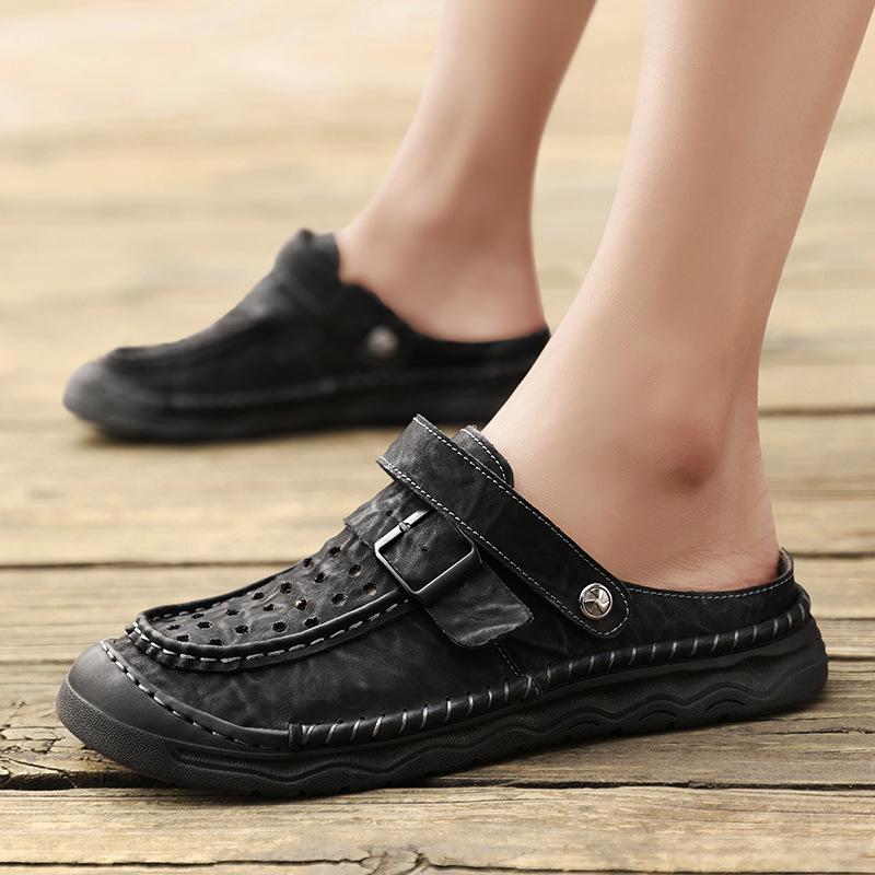 Sports Beach Shoes Men's Outdoor Soft Soled Leather Sandals Men's Solid Color Fashion Designer Shoes Men's Versatile Slippers