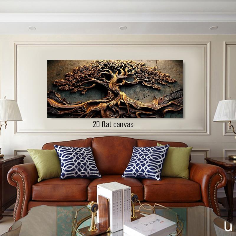 

1pcs Carving Golden Tree of Life Canvas Wall Painting Modern Abstract Home Decoration Living Room Bedroom Office Wooden Texture (as the picture,50x100cm No Frame)