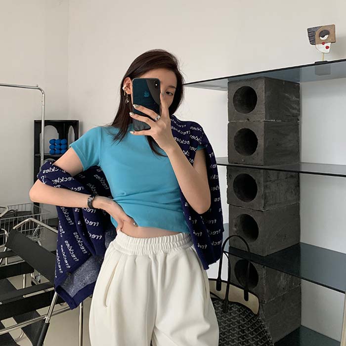 

Серая женская футболка с короткими рукавами, новый топ с круглым вырезом и хлопковым низом XL синий