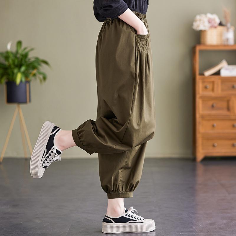 Summer New Literary and Retro Loose and Thin Closed Straight-leg Pants Elastic Waist Nine-point Pants Women