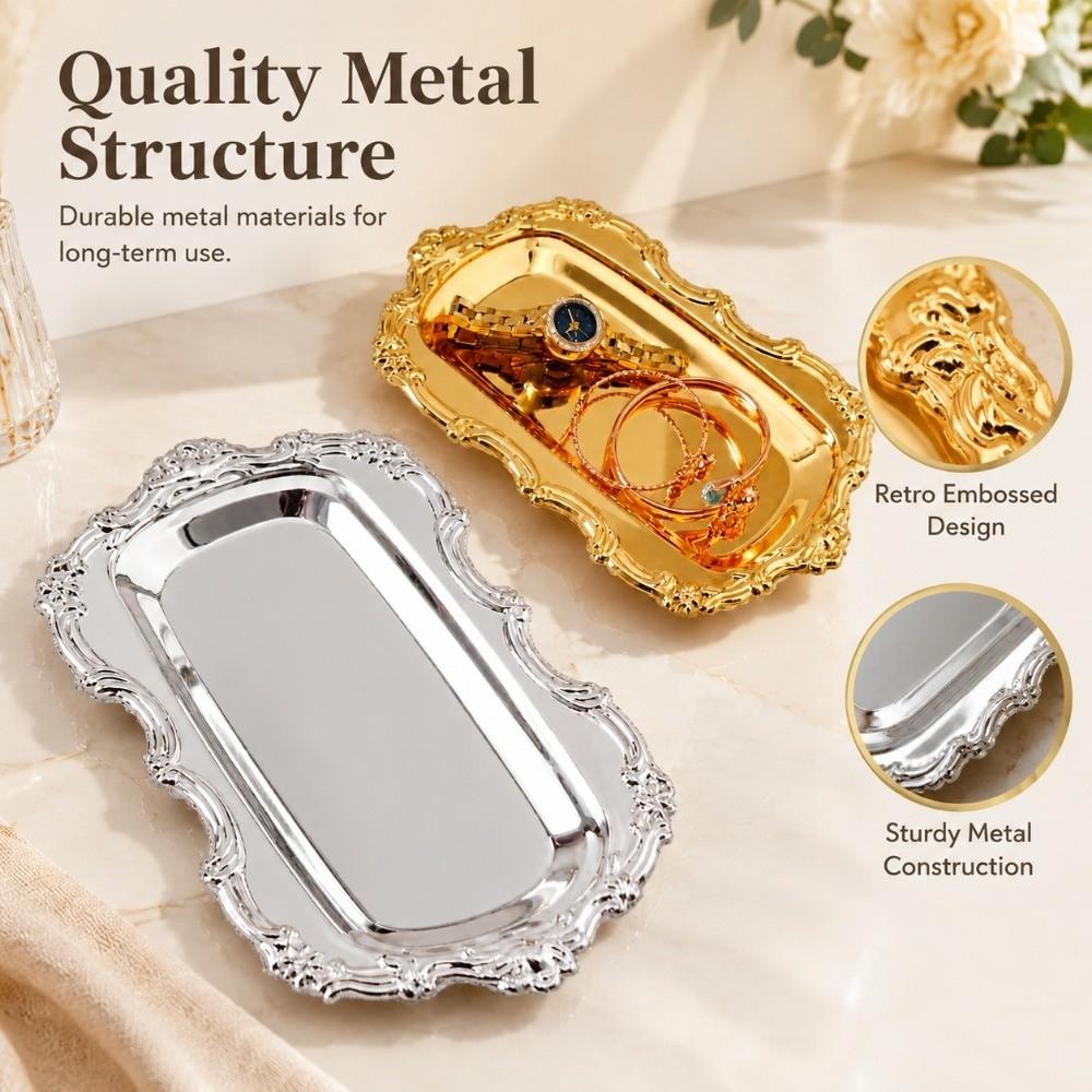 Gold Silver Metal Serving Plate Embossed Design Dessert Cake Dish Round Food Tray Jewelry Storage