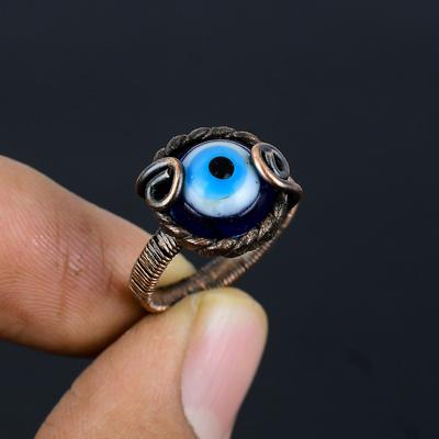 Blue Evil Eye Gemstone Copper Wire Wrapped Handmade Jewelry Ring Gift For Her