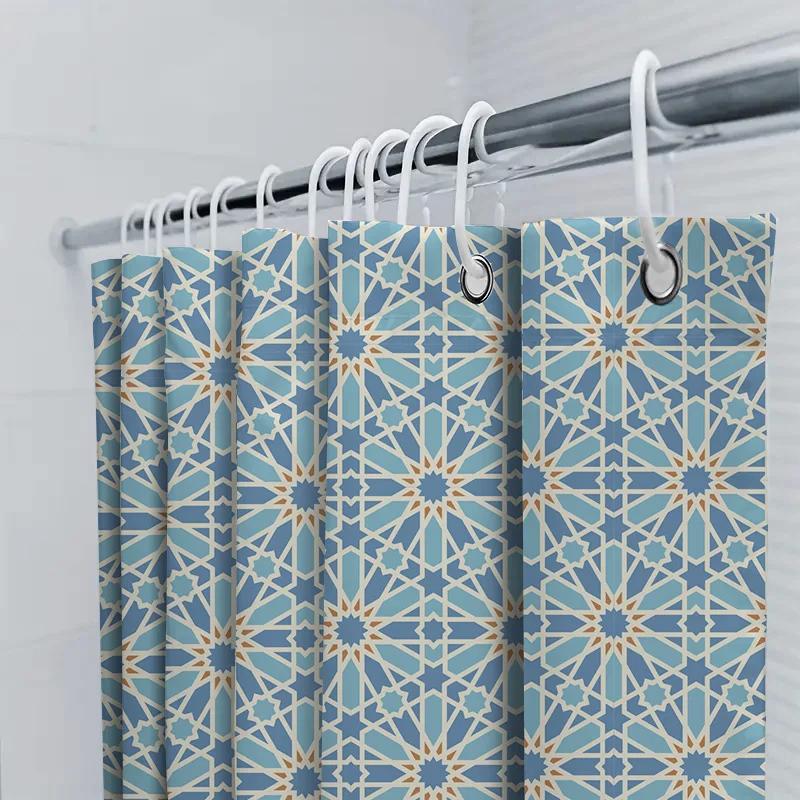 Modern Moroccan Tile Pattern Shower Curtain Blue White Geometric Design For Bathroom Decor Waterproof Fabric Shower Panel