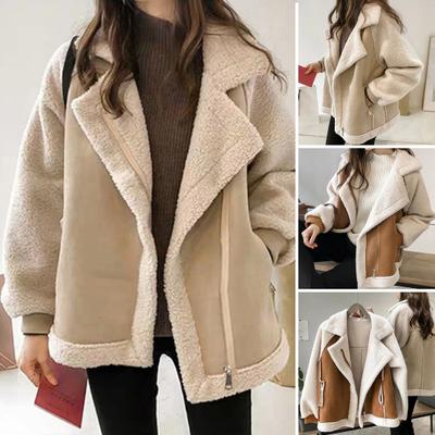 Fall Winter Women Jacket Thick Heat Retention Loose Turn-down Collar Long Sleeves Zippered Pockets Lambswool Windproof Colorblock Coat