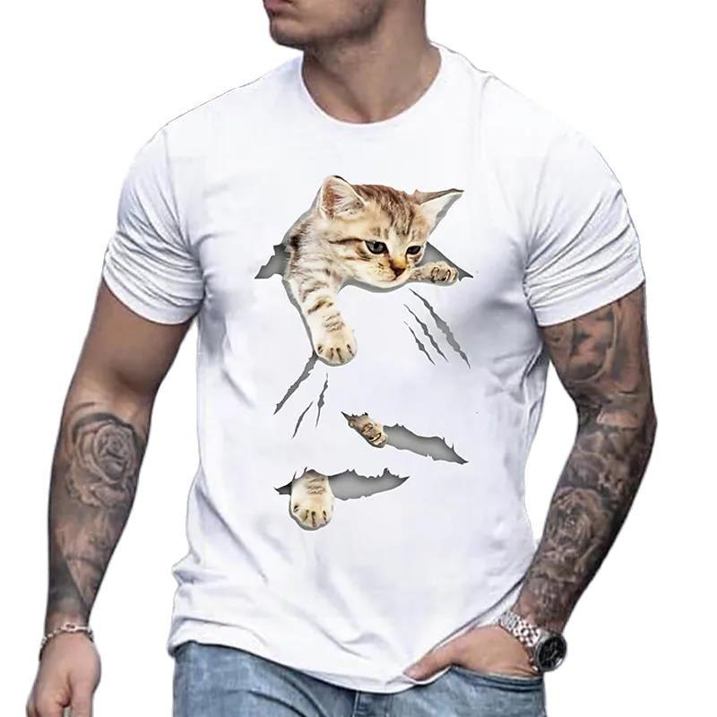 Roztomilé tričko s kočkou Animal Oversized Funny Cat Tops Tričko s límečkem Pánské 3D potištěné pánské tričko s kočkou Crew Krk s krátkým rukávem