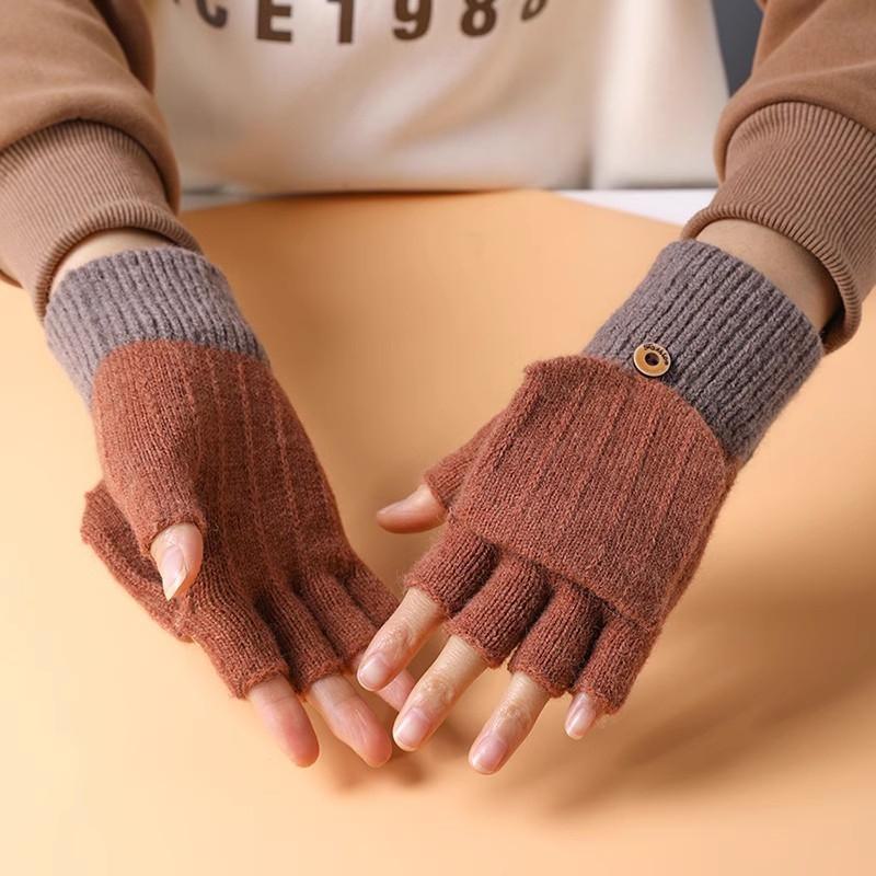 Gants d'hiver tricotés demi-doigts pour femmes avec rabat mignon - Laine de velours chaude, parfaits pour les étudiants qui écrivent.
