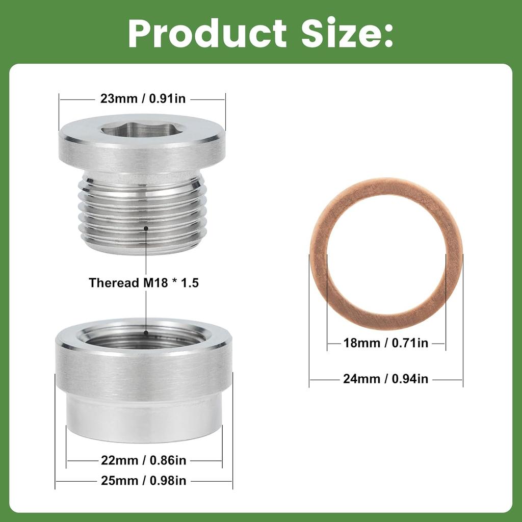 O2 Sensor Bung Weld In With Plug, 2 Set O2 Bung 304 Stainless Steel M18-1.5,Oxygen Sensor Bungs Plugs With Copper O-Ring For Automotive, Bike,