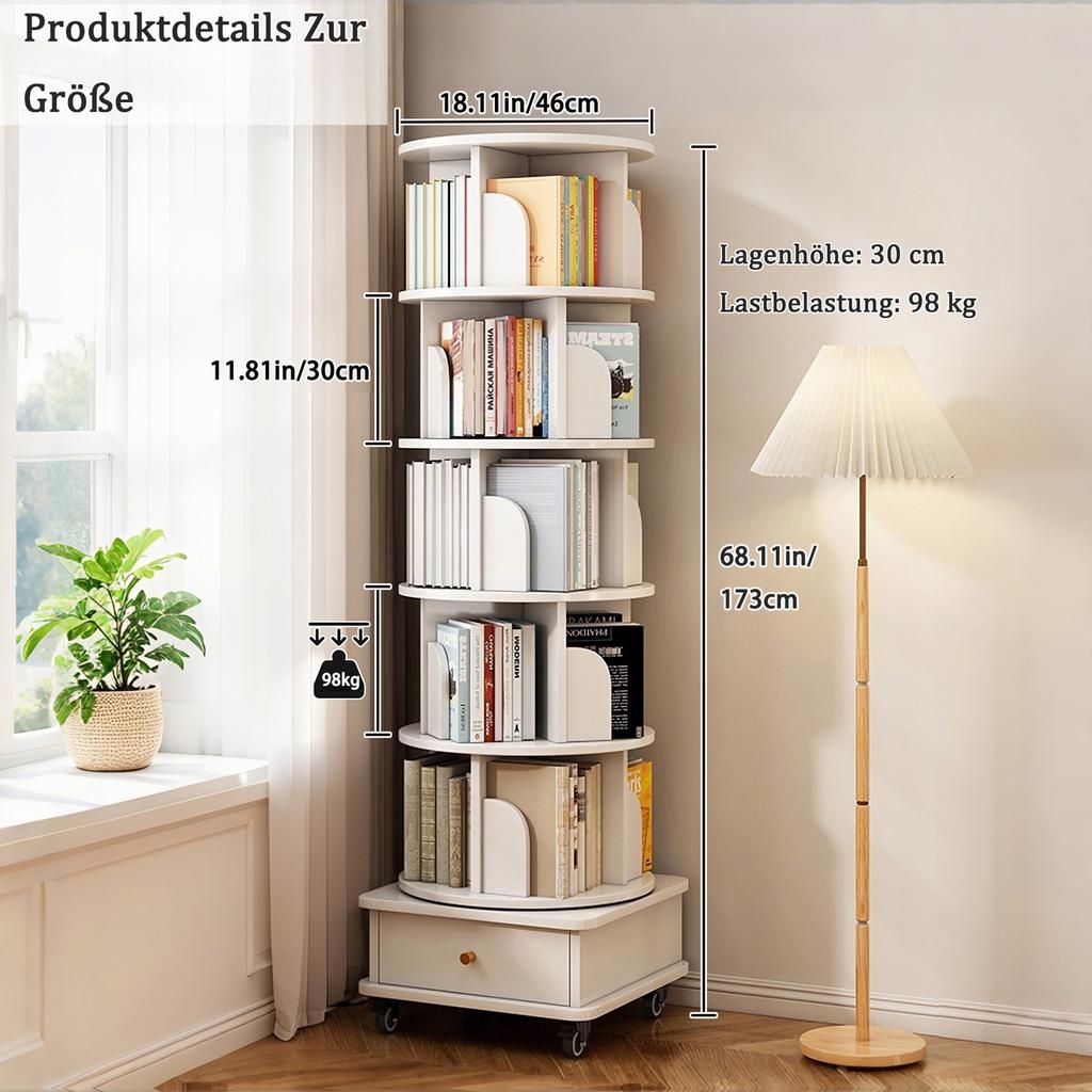 Libreria Rotante a 6 Piani, Scaffale Rotondo a 360 Gradi, Ruote e Cassetto, Scaffale Salvaspazio per Stanze Piccole – Ideale per Camera da Letto, Soggiorno, Casa, Ufficio