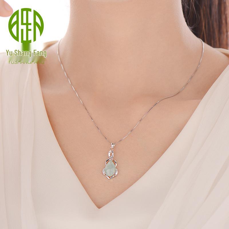 Yu Ding Sheng S925 Sterling Silver Teardrop Pendant with Natural Myanmar Jadeite for Women