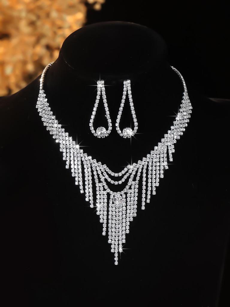 European Style Diamond-Inlaid Evening Necklace & Jewelry Set for Brides