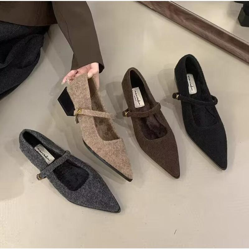 Winter Cotton Women Mary Jane Shoes Shallow Pointed Toe Shoes Concise Square Heels Shoes Zapatillas De Mujer