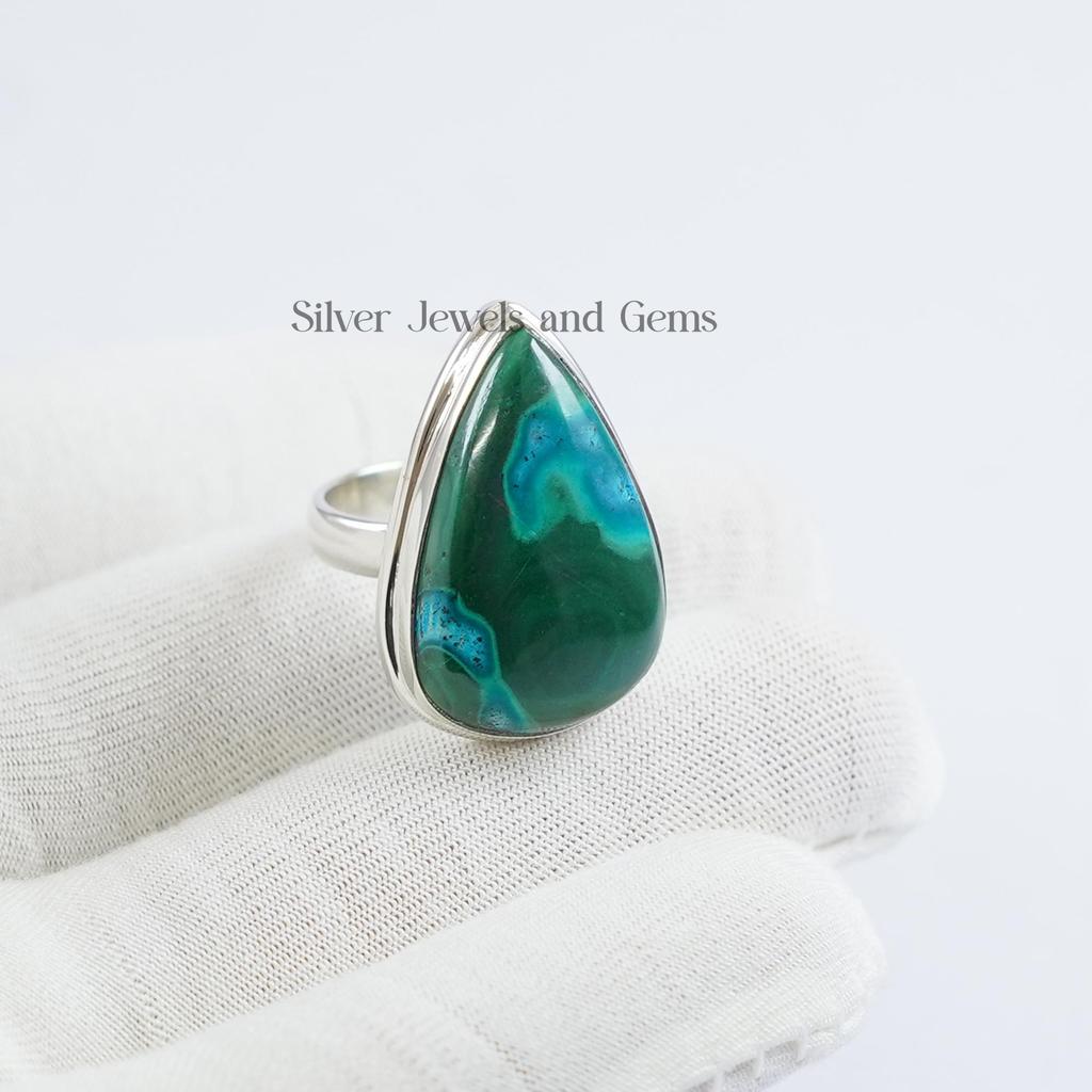 Teardrop Chrysocolla Malachite Ring, Handmade 925 Sterling Silver
